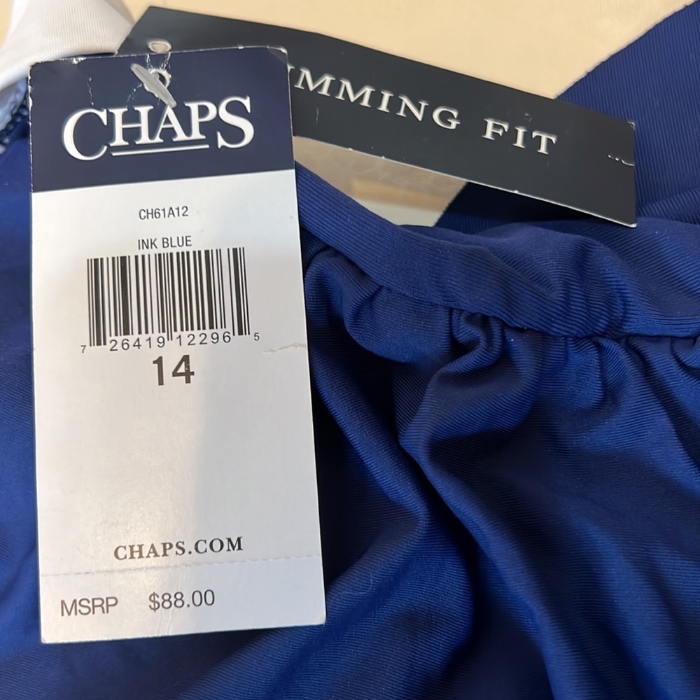 Chaps One piece Swimsuit. Blue with skirt.  Size 14.  Slimming Fit. - Picture 6 of 8